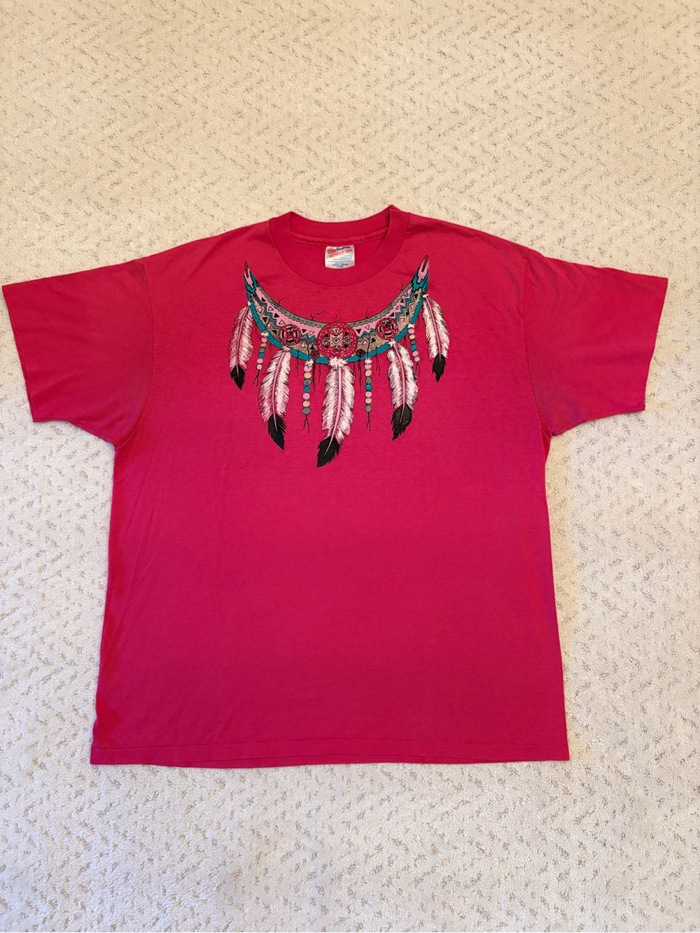 Vintage 90s Hanes Indian Feathers Graphic Tee Size XL Fuchsia Pink USA Made Flaw